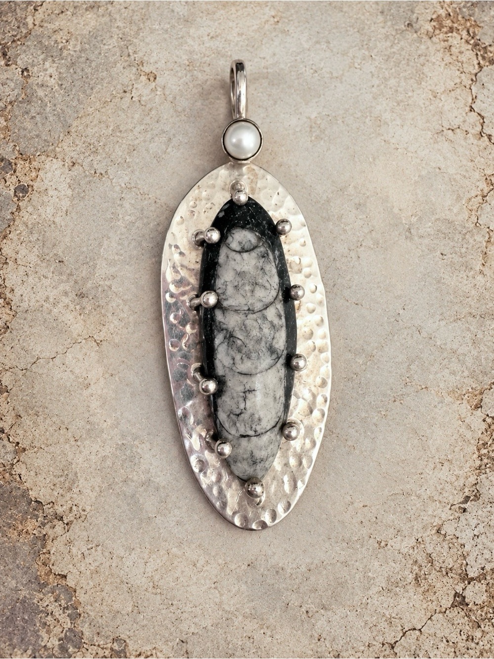 925 Sterling Silver handcrafted Orthoceras fossil and pearl pendant